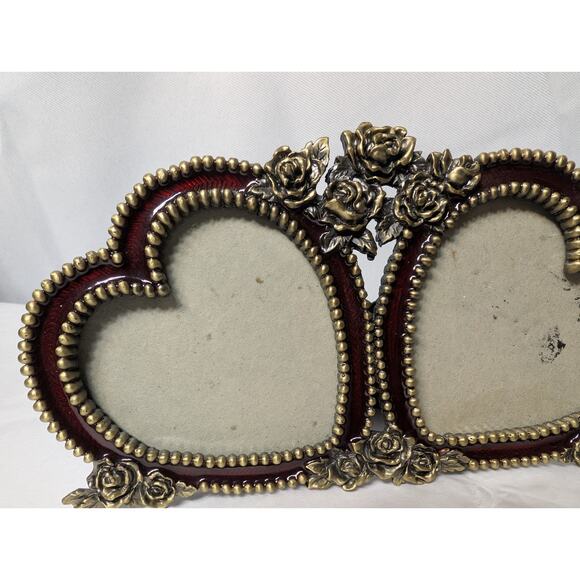 Vintage Double Hearted Romantic Tabletop Photo Frame Cast Metal Roses 1990's - Picture 5 of 7